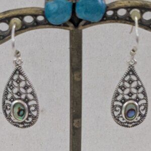 NV 925 Sterling Silver Abalone Tear Drop Dangle Pierced Earrings